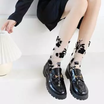 Шикарные сетчатые цветочные кружевные носки из тюля с цветочным узором, тонкие носки с накладными ногтями для модных девочек чёрный
