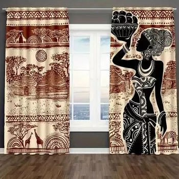 Шикарные шторы с принтом в виде девушки из африканского племени в винтажном стиле — легкие в уходе, идеально подходят для декора гостиной и спальни, прочный полиэстер (W50cmxH130cm)x2&Rod Pocket
