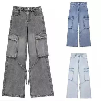 Шикарные уличные джинсы женские прямые брюки модные карманы Y2K Spice Cool Girl свободные спортивные брюки-карго на молнии XS серый