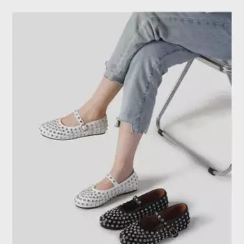 «Шикарные женские балетки с круглым носком и металлической пряжкой»: Универсальный европейский и американский стиль 39 белый