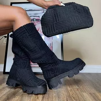 Шикарные женские длинные сапоги Дизайнерский бренд Махровые сапожки до колена Женские на толстой подошве Розовые Зеленые Ботас Тон в тон 36 чёрный