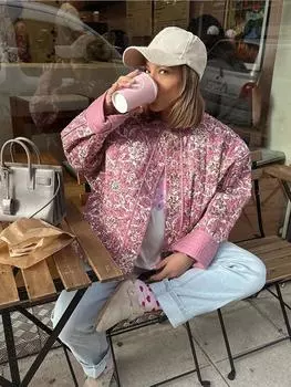 Шикарные женские хлопковые куртки с цветочным принтом, элегантные однобортные повседневные пальто с воротником-стойкой, осенне-зимняя женская стеганая верхняя одежда S розовый