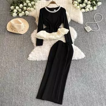 Шикарные женские комплекты из двух предметов, винтажные топы с круглым вырезом, вышитые бисером, юбка с разрезом и высокой талией, уличная одежда на осень и зиму S чёрный