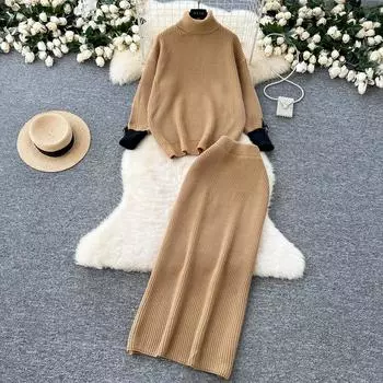 Шикарные женские комплекты из двух предметов: водолазка с длинным рукавом, тонкий лоскутный топ и юбка с высокой талией, корейская мода, осенне-зимняя одежда One Size чёрный