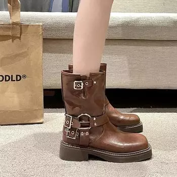 Шикарные женские ковбойские сапоги с квадратным носком, модные короткие ботильоны с пряжкой на ремне, осенне-зимние женские туфли на низком каблуке 35