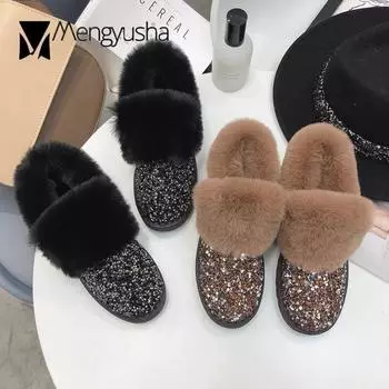 Шикарные зимние зимние сапоги женские туфли с кашемировыми пайетками botines mujer теплые плюшевые ботильоны на толстой подошве блестящие botas 6 чёрный