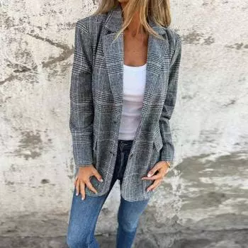 Шикарный элегантный пиджак с карманом на лацкане для женщин, повседневный офисный женский классический клетчатый пиджак свободного кроя с длинным рукавом, деловой костюм S чёрный