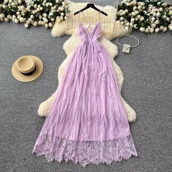 Шикарный элегантный V-образный вырез кружева с открытыми плечами феерия пляжный отдых вечеринка женские летние платья А-силуэта женская одежда S светло-фиолетовый