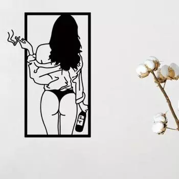 Шикарный цельный металлический настенный рисунок женственный абстрактный линейный рисунок современная женщина сигарета пиво элегантный домашний декор чёрный