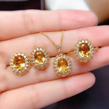 Шикарный цветок желтый кристалл цитрин циркон бриллиант драгоценные камни изысканные модные ювелирные наборы для женщин подвески ожерелья кольца серьги resizable&45cm