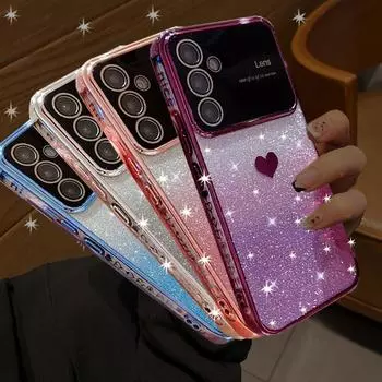 Шикарный градиентный блестящий чехол с сердечками для Samsung Galaxy A15 A25 A54 A14 A24 A23 A53 A13 S23 S24 Ultra Plus iPhone 15 14 13 12 11 Pro Max, мягкий чехол For Samsung Galaxy A15 серебряный