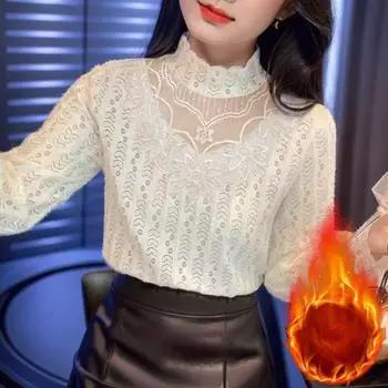 Шикарный и универсальный: Женские кружевные топы с осенне-зимним дизайном, высокий воротник, рубашка в стиле вестерн с бархатной подкладкой S белый