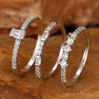 Шикарный комплект из 3 колец для женщин, белый кубический циркон, сладкий темперамент, обручальные кольца для невесты, серебряные ювелирные изделия 6 серебряный