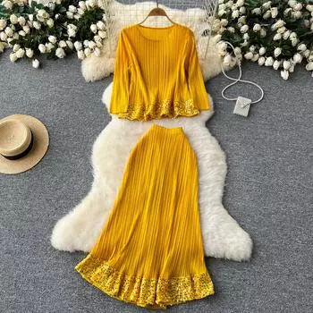 Шикарный комплект из двух предметов, сексуальная блузка с круглым вырезом, три четверти, вышитая пайетками, с модной пышной юбкой, летние милые комплекты для отпуска One Size чёрный