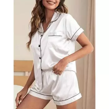 Шикарный комплект пижамы из искусственного шелка для женщин. Топ с коротким рукавом на пуговицах и удобные шорты с эластичным поясом, идеально подходит для спокойного сна. M