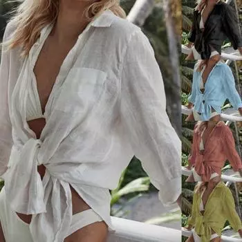 Шикарный купальник, универсальная тонкая солнцезащитная рубашка бикини с отложным воротником для женщин светло-зеленый