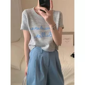 Шикарный летний свободный универсальный пуловер с вышитыми буквами и буквенным принтом из Южной Кореи, с короткими рукавами и короткими рукавами, новинка one size белый