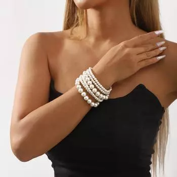 Шикарный многослойный браслет из стеклянных бусин с имитацией жемчуга и эластичным шнуром 10mm, single strip белый