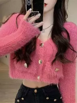 Шикарный осенне-зимний французский небольшой ароматный плюшевый облегающий короткий вязаный кардиган с длинными рукавами и V-образным вырезом one size fits all белый