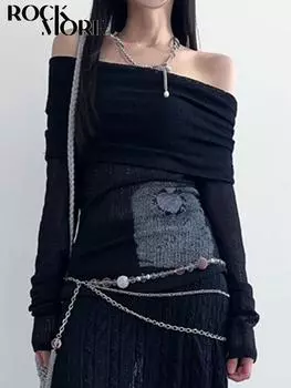 Шикарный ретро-топ на одно плечо с принтом, тонкая футболка с длинным рукавом, винтажная уличная одежда, эстетичные повседневные наряды в стиле Харадзюку S чёрный