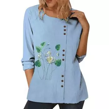 Шикарный синий женский топ с множеством модных узоров, круглым вырезом и длинными рукавами S