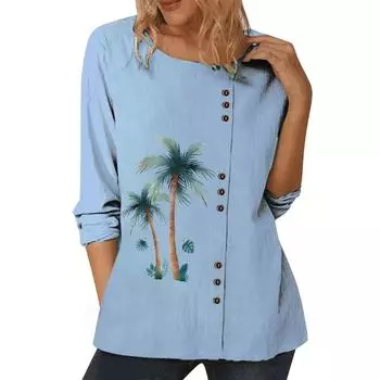 Шикарный синий женский топ с множеством модных узоров, круглым вырезом и длинными рукавами S