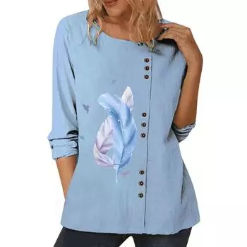 Шикарный синий женский топ с множеством модных узоров, круглым вырезом и длинными рукавами S