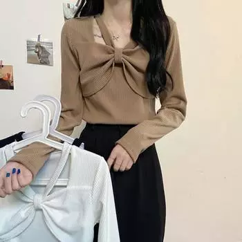Шикарный сладкий и пряный вязаный топ для женщин на раннюю осень с базовой футболкой с длинным рукавом, дизайн Sense of Age Reduction, маленькая рубашка в иностранном стиле One size