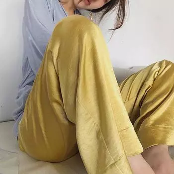 Шикарный стиль Гонконга, шелковистый драпирующий эффект, повседневные свободные брюки из искусственного сатина с имитацией уксусной кислоты, женские, с высокой посадкой, прямые, длинные, поддерживающие землю Turmeric yellow XL(About 63.50 kg-68.50 kg)