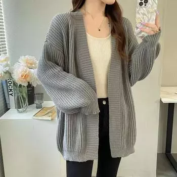 Шикарный свободный повседневный вязаный кардиган средней длины, свитер для женщин, осень и зима, V-образный вырез, теплые женские свитера, куртка, элегантные винтажные однотонные кардиганы 25250 One Size серый