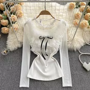 Шикарный топ французского меньшинства с дизайном «Чувство старения» Красивая маленькая рубашка в иностранном стиле Тонкая футболка с длинным рукавом Рубашка в нижней части