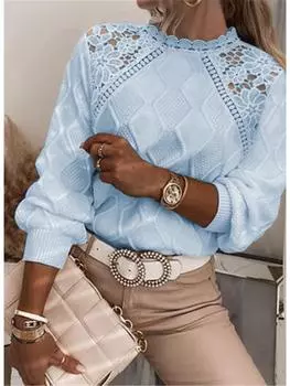 Шикарный трикотажный свитер с кружевными плечами и приталенным силуэтом для женщин XXL синий