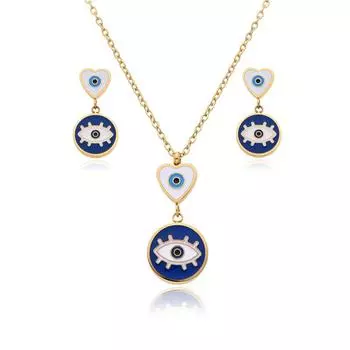 Шикарный турецкий чокер с голубым глазом, эмалированное ожерелье с подвеской, комплект ювелирных изделий из нержавеющей стали, серьги-гвоздики в форме сердца для женщин 45cm