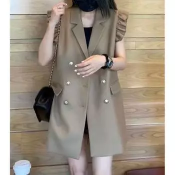 Шикарный весенний жилет для женщин - двубортный жилет в корейском стиле с воротником-стойкой и оборкой по низу M хаки