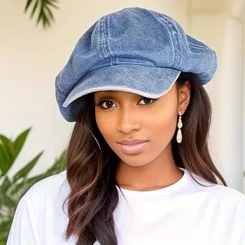 Шикарный винтажный джинсовый берет — стильная защита от ультрафиолета с потертым денимом и практичным восьмиугольным козырьком светло-синий