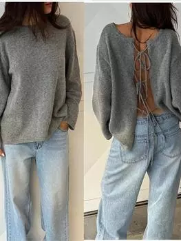 Шикарный вязаный кардиган на шнуровке для женщин, повседневный двусторонний топ с длинными рукавами и вырезом, свитер для поездок на работу 2024 года, можно носить на обе стороны, осень M серый