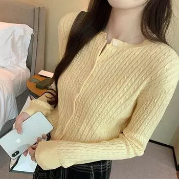 Шикарный вязаный кардиган с длинными рукавами и текстурой Twist для женщин, осенний новый корейский дизайн, короткий топ S