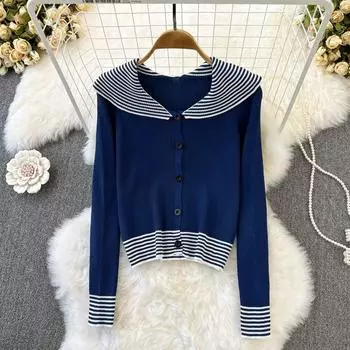 Шикарный вязаный кардиган в стиле ретро с темно-синим воротником в полоску и тонкой короткой курткой