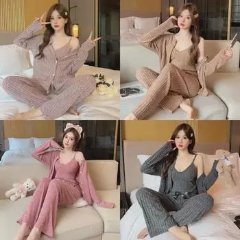 Шикарный женский пижамный комплект: Сексуальные подтяжки, длинный рукав, комплект из 3 предметов, весна и осень 2024 г. — можно носить на улице или в качестве уютной домашней одежды зимой. XL