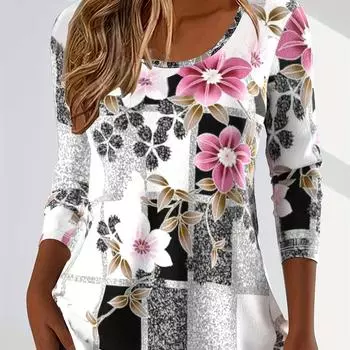 Шикарный женский топ с цветочным принтом больших размеров – удобный длинный рукав, круглый вырез, идеальный вариант для повседневной носки весной и осенью S