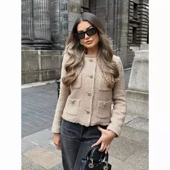 Шикарный женский твидовый базовый пиджак пальто женская одежда шерстяная верхняя одежда с длинным рукавом спереди женская верхняя одежда шикарный XS белый