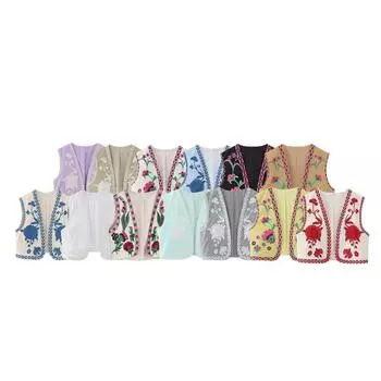 Шикарный жилет с цветочной вышивкой, женский элегантный укороченный топ без рукавов с v-образным вырезом, повседневный летний женский праздничный кардиган, пальто, жилет S