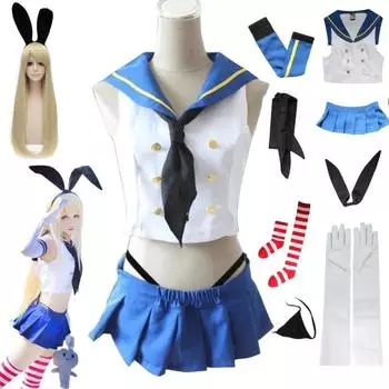 Shimakaze Косплей Аниме Kantai Коллекция Shimakaze Косплей Костюм Униформа для Девочек Парик Платье Матроски Костюм Хэллоуин Вечеринка S