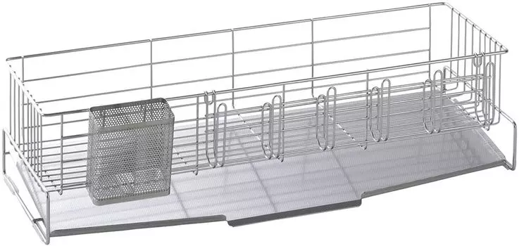 Shimomura Planning Узкая сушилка для посуды глубиной 58 см. Поддон над раковиной, на котором не видно известкового налета. Подходит для различных столовых приборов. В комплект входят 6 стаканов. серебряный