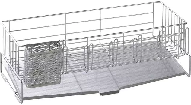 Shimomura Planning Узкая сушилка для посуды глубиной 47 см. Поддон над раковиной, на котором не видно известкового налета. Подходит для различных столовых приборов. В комплект входят 6 стаканов. серебряный