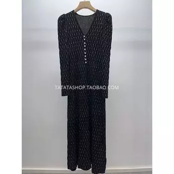 Shining Diamond Texture Jacquard V Neck Drill Buckle Dress Black S
