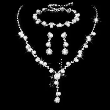 Shining Earrings Pearls Necklace Bridal Crystal Jewelry Set Women Pearl