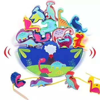 Shinse Building Blocks Balance Game Динозавр Игрушка на веревке с сумкой для хранения Симпатичная деревянная игрушка, складывающаяся в стопку, обучающая игрушка для концентрации внимания и тренировки кончиков пальцев