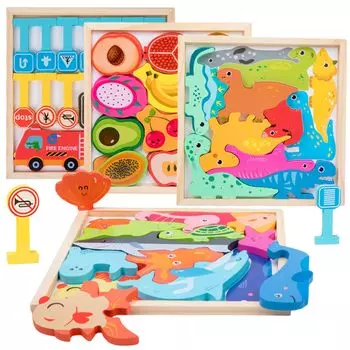 Shinse Wooden 4 Types Fiting Shape 4 Years Early Educational Fingertip Figure English Shape Girls Christmas Large Size Puzzle, Series, Puzzle,