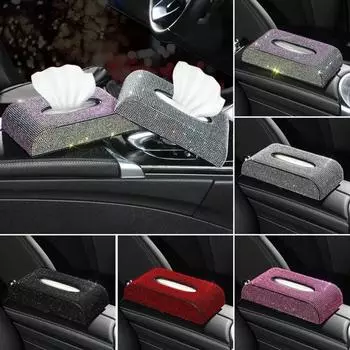 Shiny Diamond Crystal Car Tissue Box PU Leather Auto Paper Box Holder Cover Case Tray Car Bling Accessories for Home Office